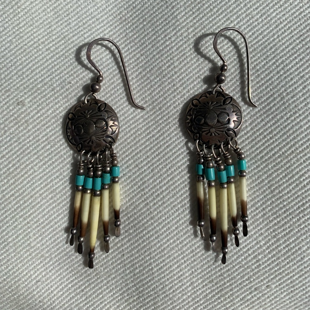 Dangle earrings silver turquoise bone carved metal